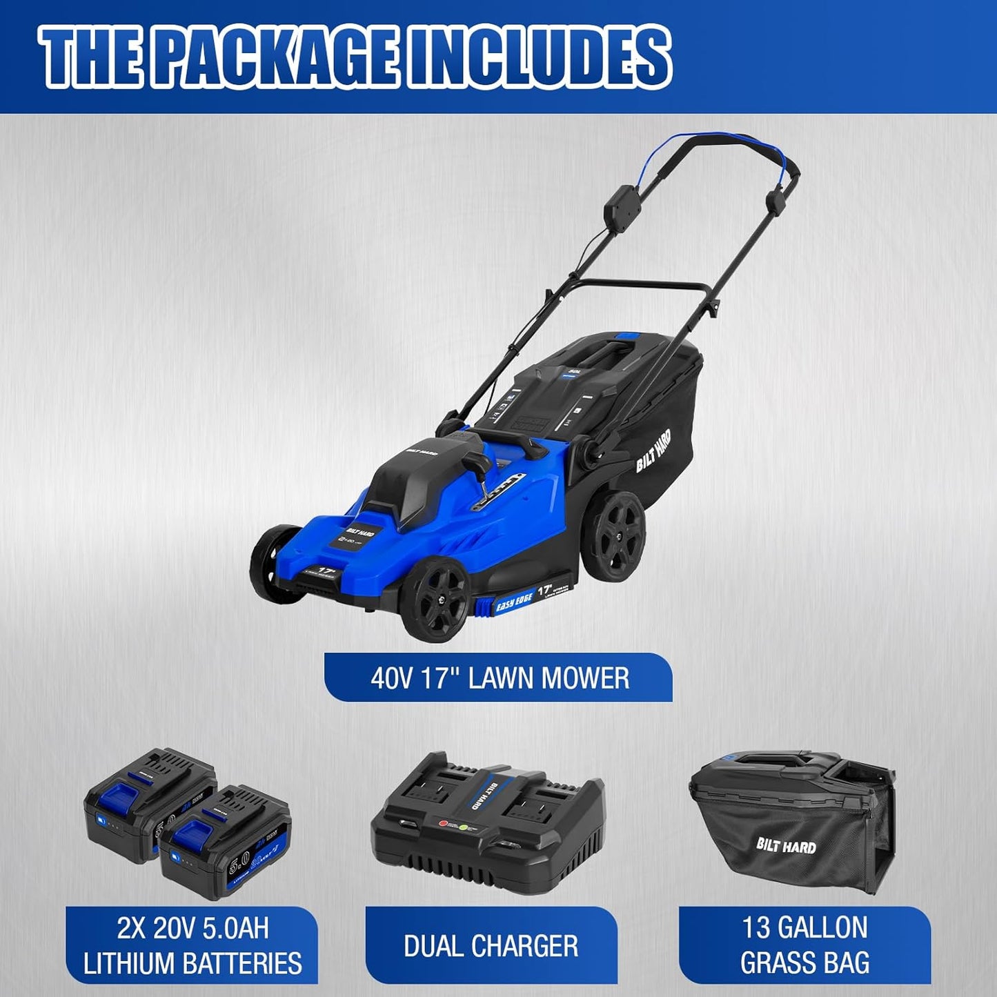 BILT HARD 40V 17" Cordless Lawn Mower Combo Set with String Trimmer, Leaf Blower, 3 Batteries & Dual Charger