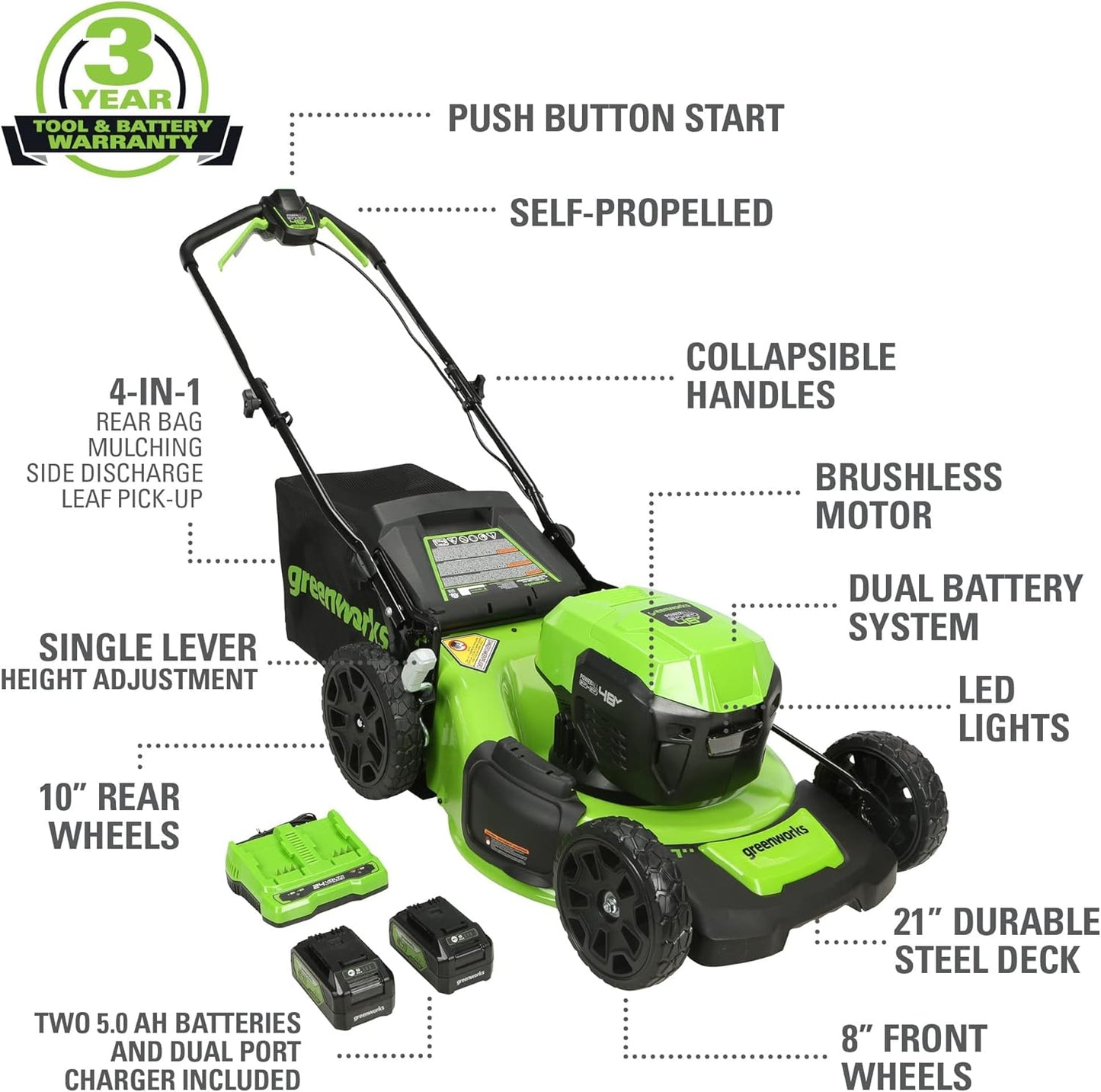 Greenworks 48V Cordless Yard Combo Kit: 21" Self-Propelled Lawn Mower, Trimmer & Blower, 3 Batteries & 2 Chargers