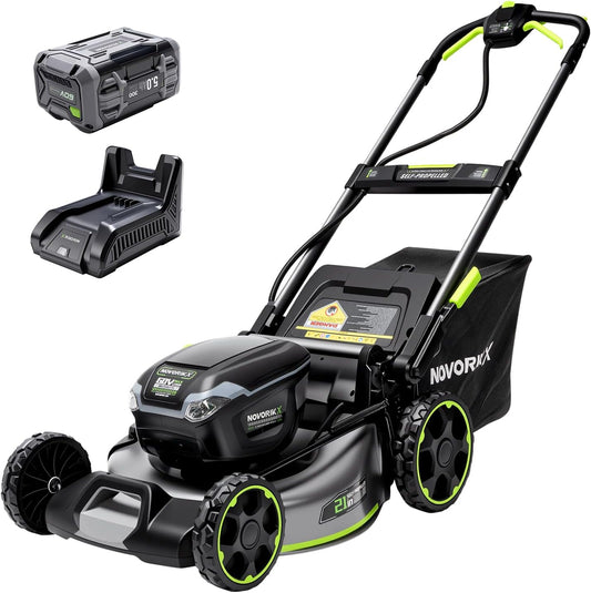 NovorikX 60V Self-Propelled Cordless Lawn Mower 21", Brushless Motor, 5Ah Battery & Rapid Charger