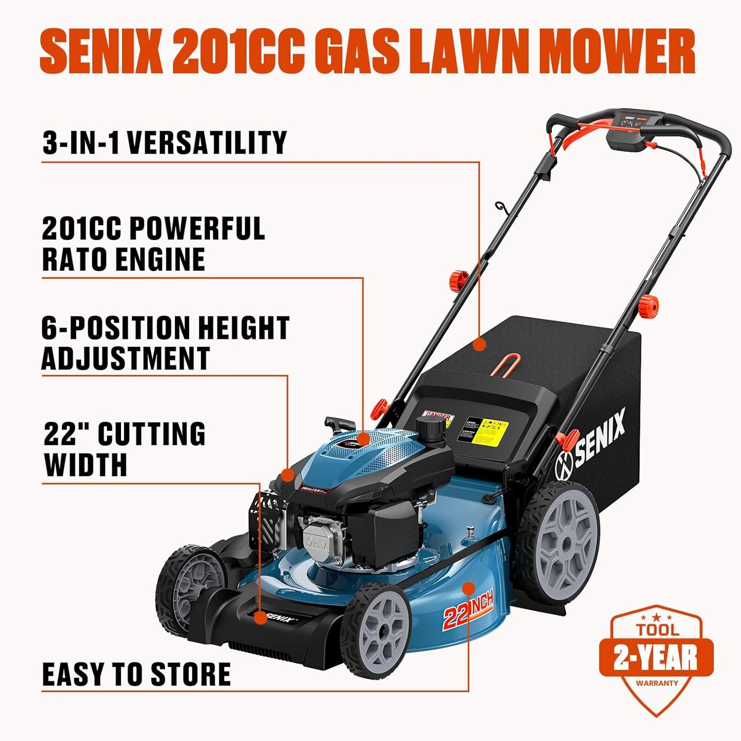 SENIX 22" Self-Propelled Gas Lawn Mower, 201cc 4-Cycle Engine, 3-in-1 Bagging Mulching Side Discharge