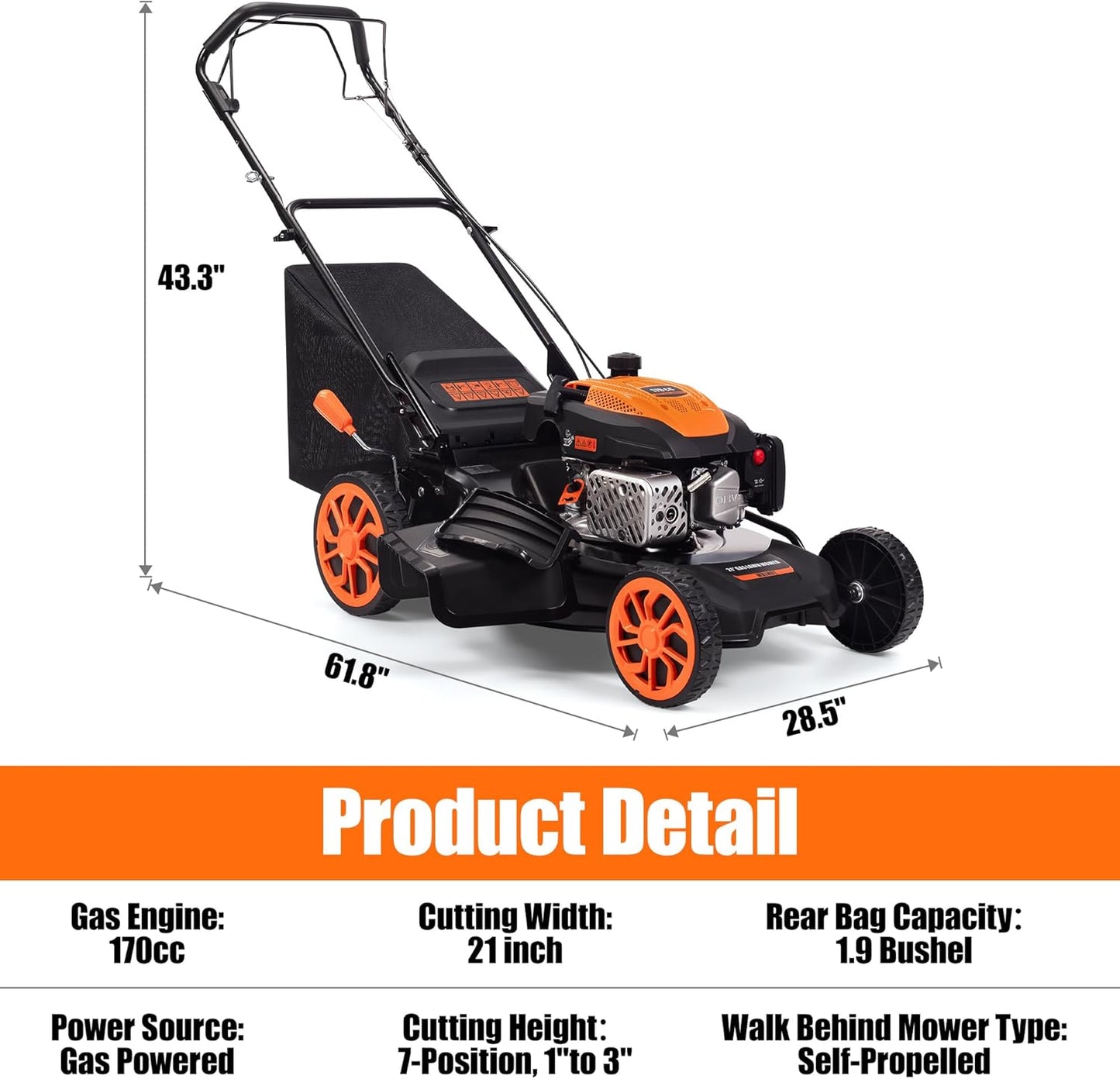 21" Self-Propelled Gas Lawn Mower, 170cc 4-Stroke Engine, 3-in-1 Mulching Bagging Side Discharge