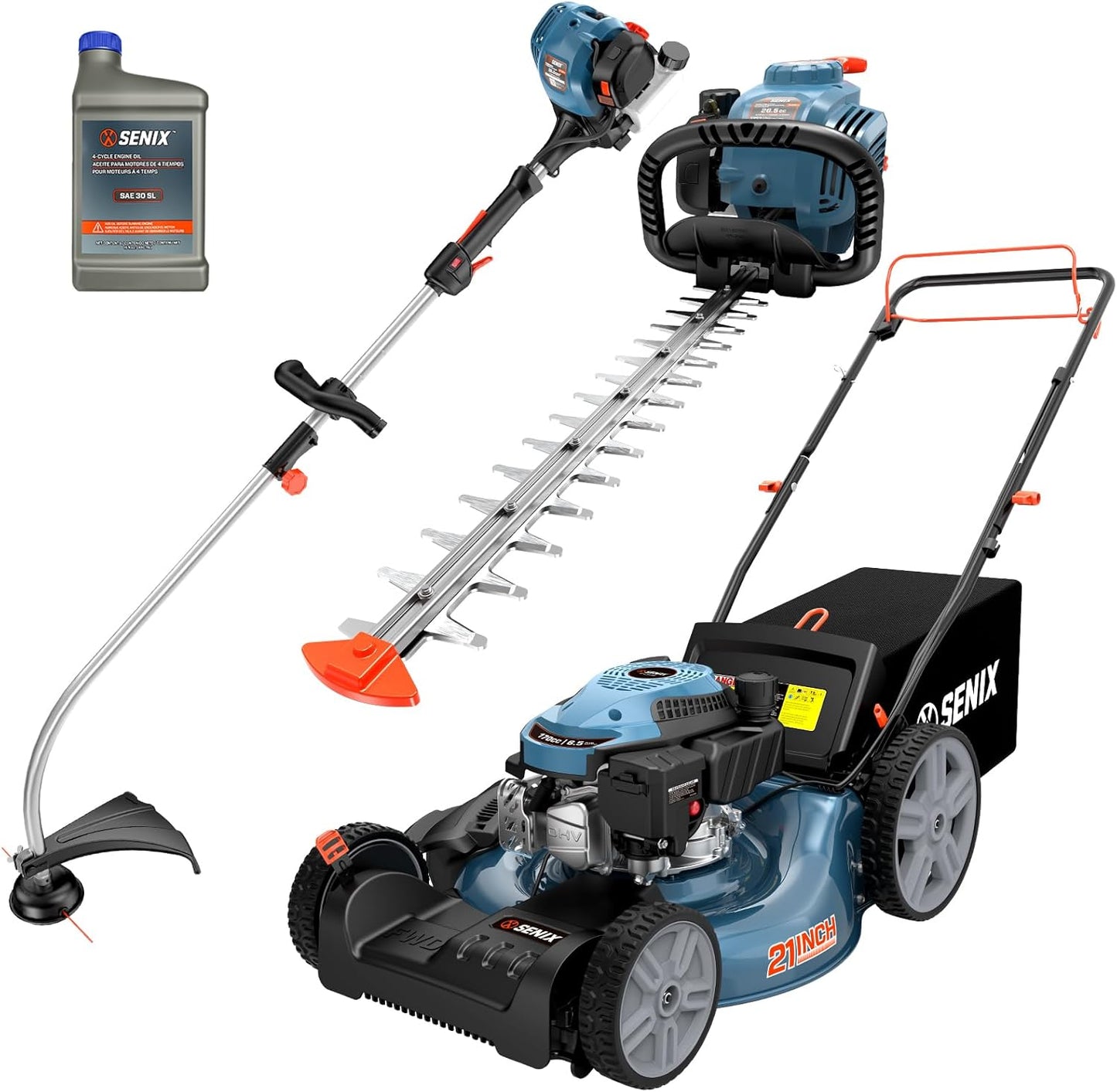 SENIX LSSG-M10 21" 170cc Self-Propelled Gas Lawn Mower with String Trimmer & 4-Cycle Hedge Trimmer Kit