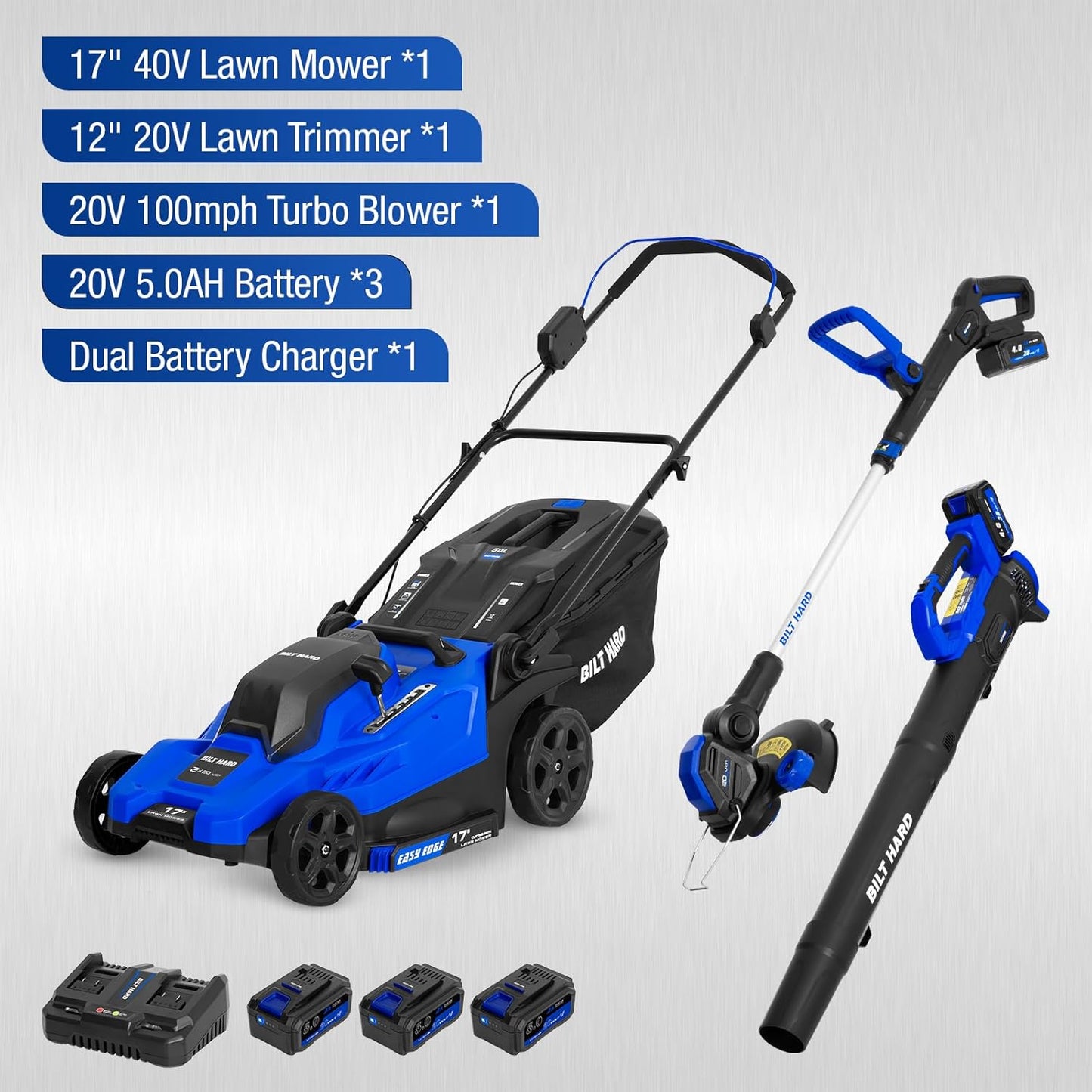 BILT HARD 40V 17" Cordless Lawn Mower Combo Set with String Trimmer, Leaf Blower, 3 Batteries & Dual Charger