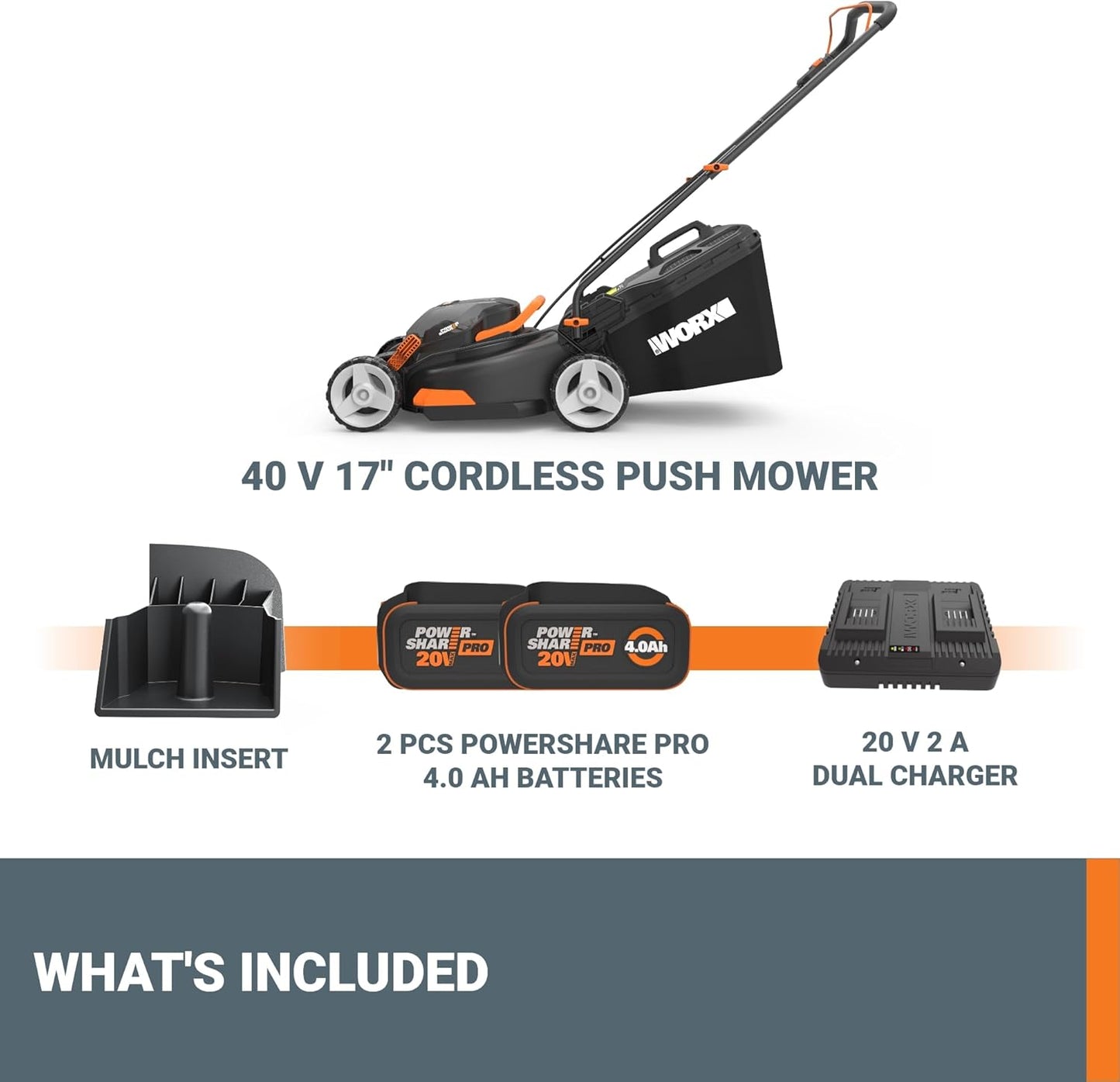 WORX 17" Cordless Lawn Mower, Quiet Electric Push Mower with 2 Batteries & Charger, WG743