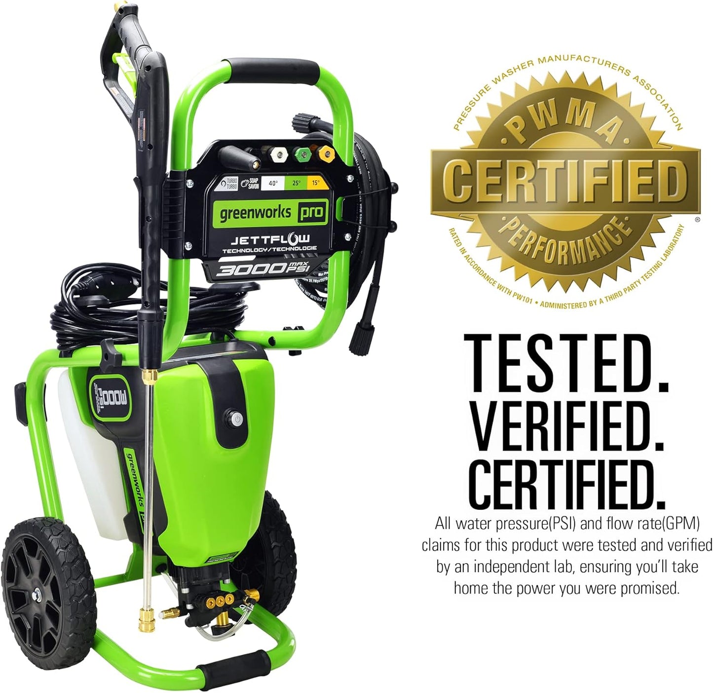 Greenworks 3000 PSI Brushless Electric Pressure Washer, 2.0 GPM, Steel Wand, Soap Tank, 5 Nozzles