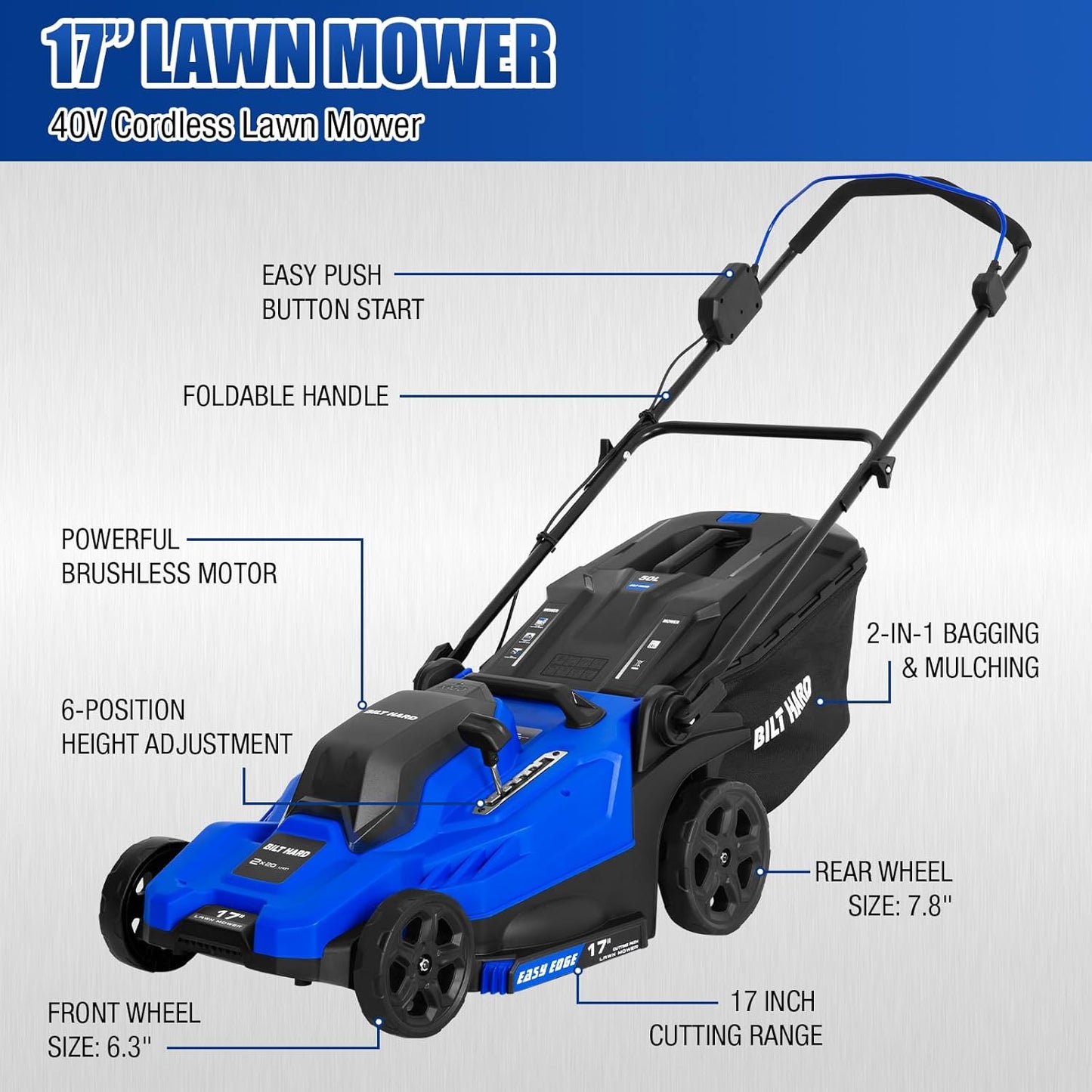 BILT HARD 40V 17" Cordless Lawn Mower Combo Set with String Trimmer, Leaf Blower, 3 Batteries & Dual Charger