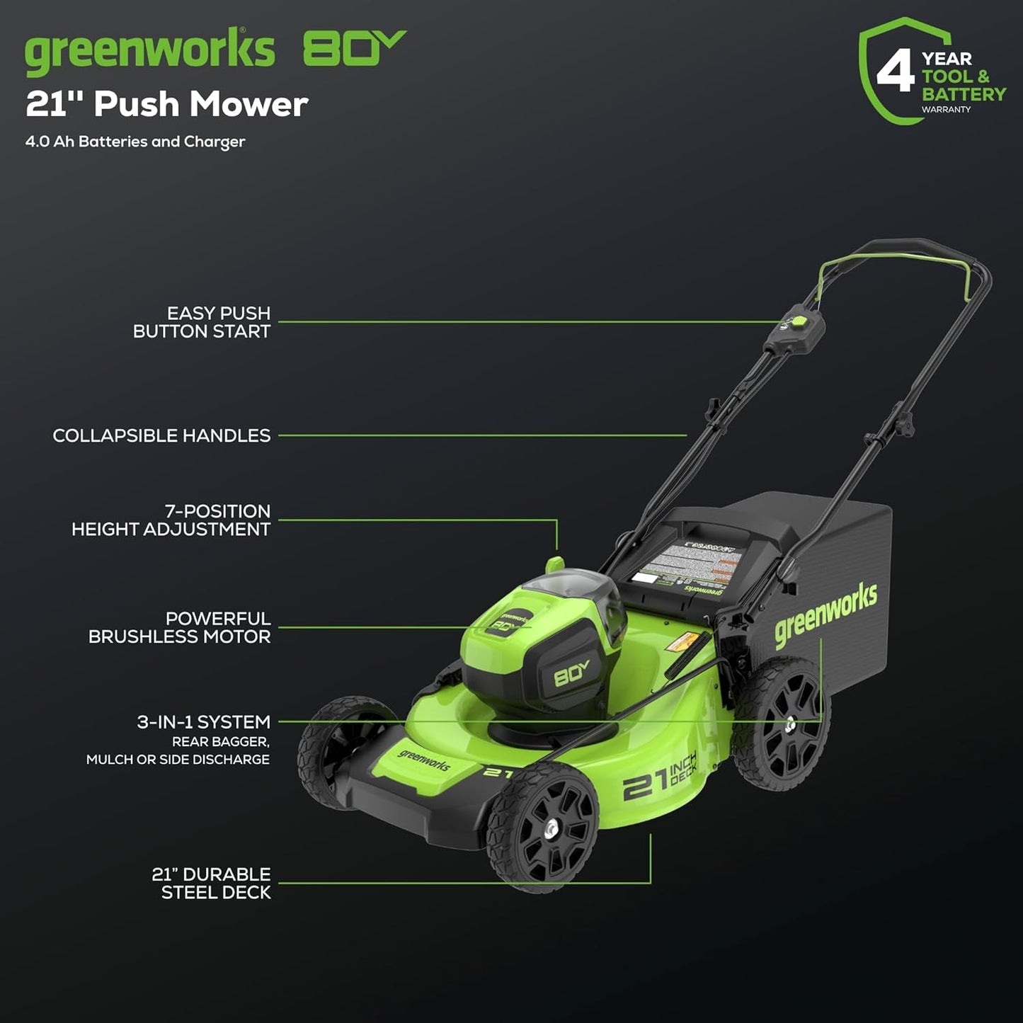 Greenworks 80V 21" Brushless Cordless Lawn Mower, Push, 4.0Ah Battery & 60-Min Rapid Charger