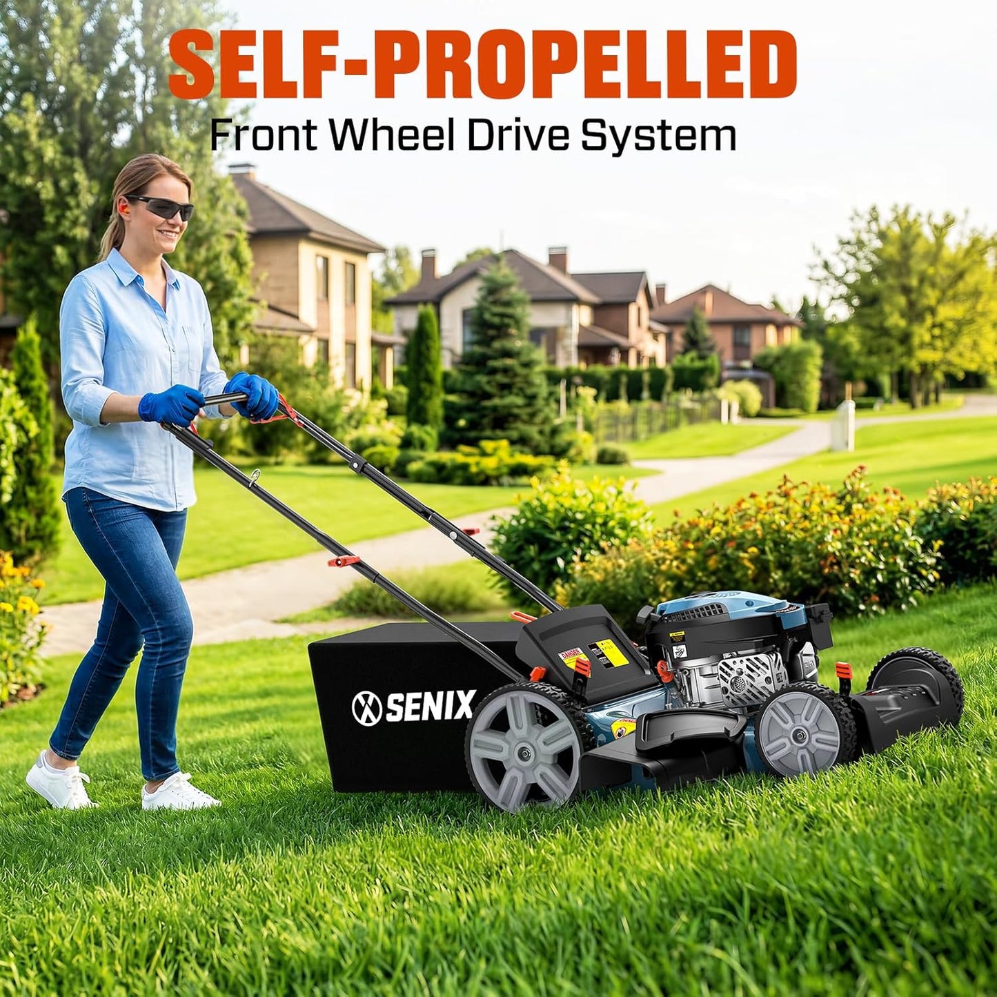 SENIX LSSG-M10 21" 170cc Self-Propelled Gas Lawn Mower with String Trimmer & 4-Cycle Hedge Trimmer Kit