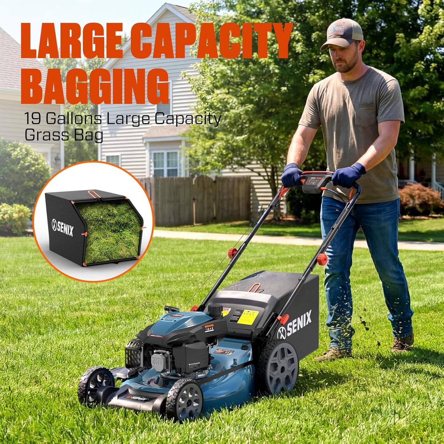 SENIX 22" Self-Propelled Gas Lawn Mower, 201cc 4-Cycle Engine, 3-in-1 Bagging Mulching Side Discharge