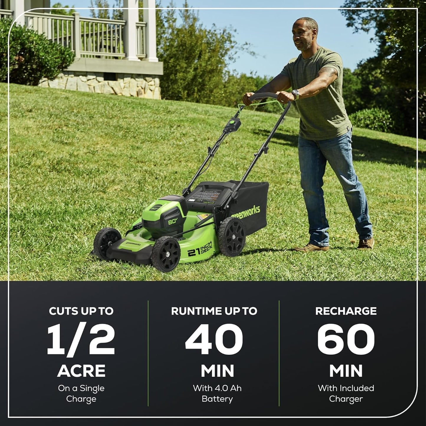 Greenworks 80V 21" Brushless Cordless Lawn Mower, Push, 4.0Ah Battery & 60-Min Rapid Charger