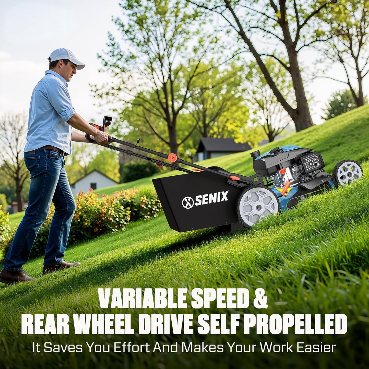 SENIX 22" Self-Propelled Gas Lawn Mower, 201cc 4-Cycle Engine, 3-in-1 Bagging Mulching Side Discharge