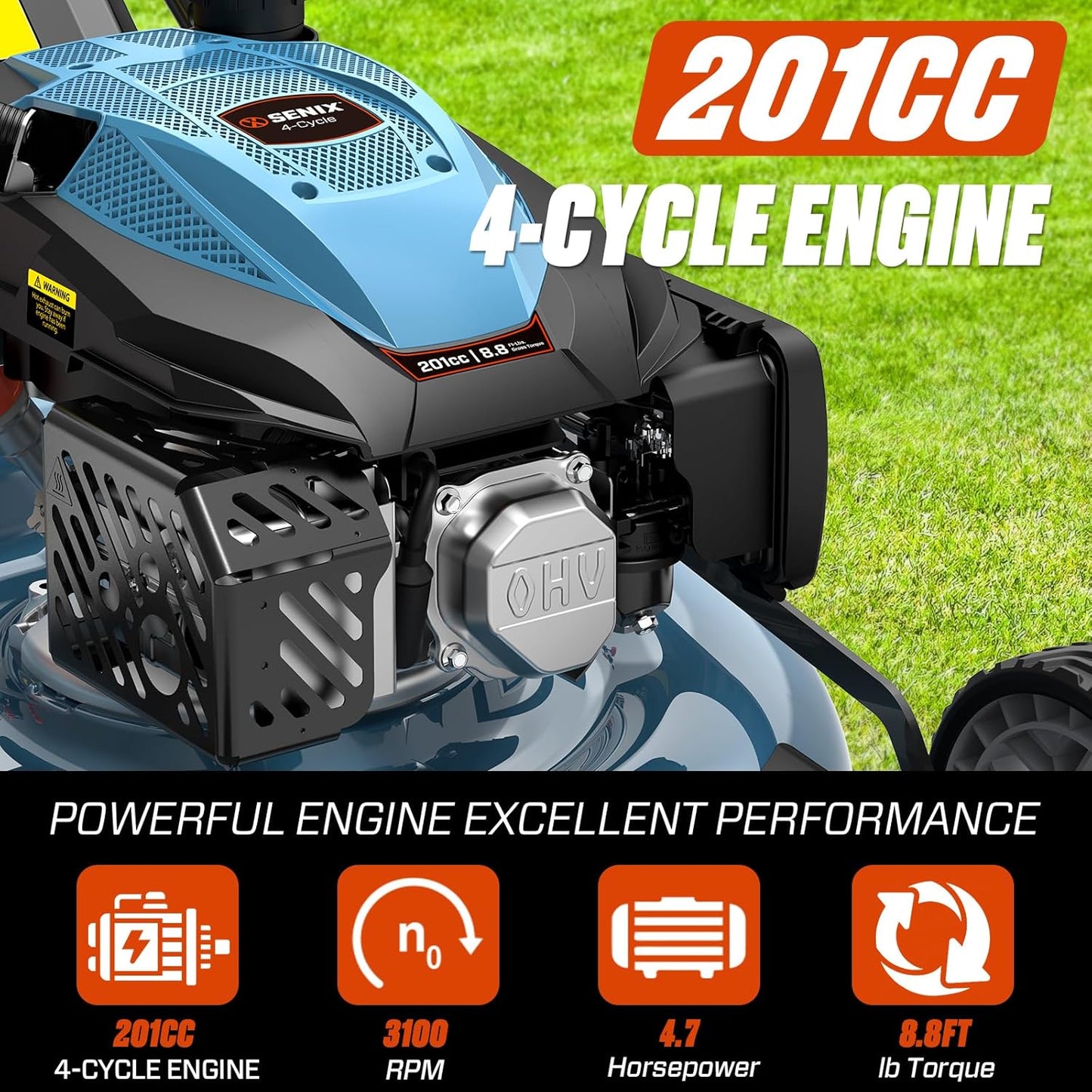 SENIX 22" Self-Propelled Gas Lawn Mower, 201cc 4-Cycle Engine, 3-in-1 Bagging Mulching Side Discharge