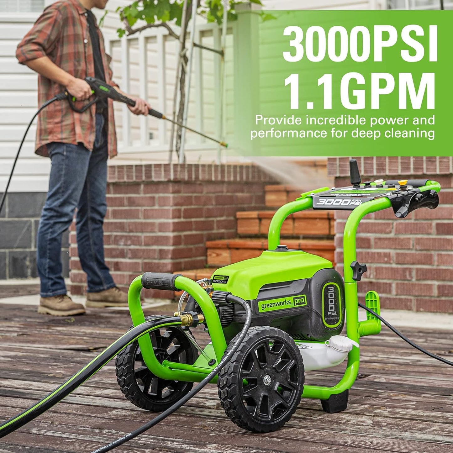 Greenworks 3000 PSI Brushless Electric Pressure Washer, 2.0 GPM, Steel Wand, Soap Tank, 5 Nozzles