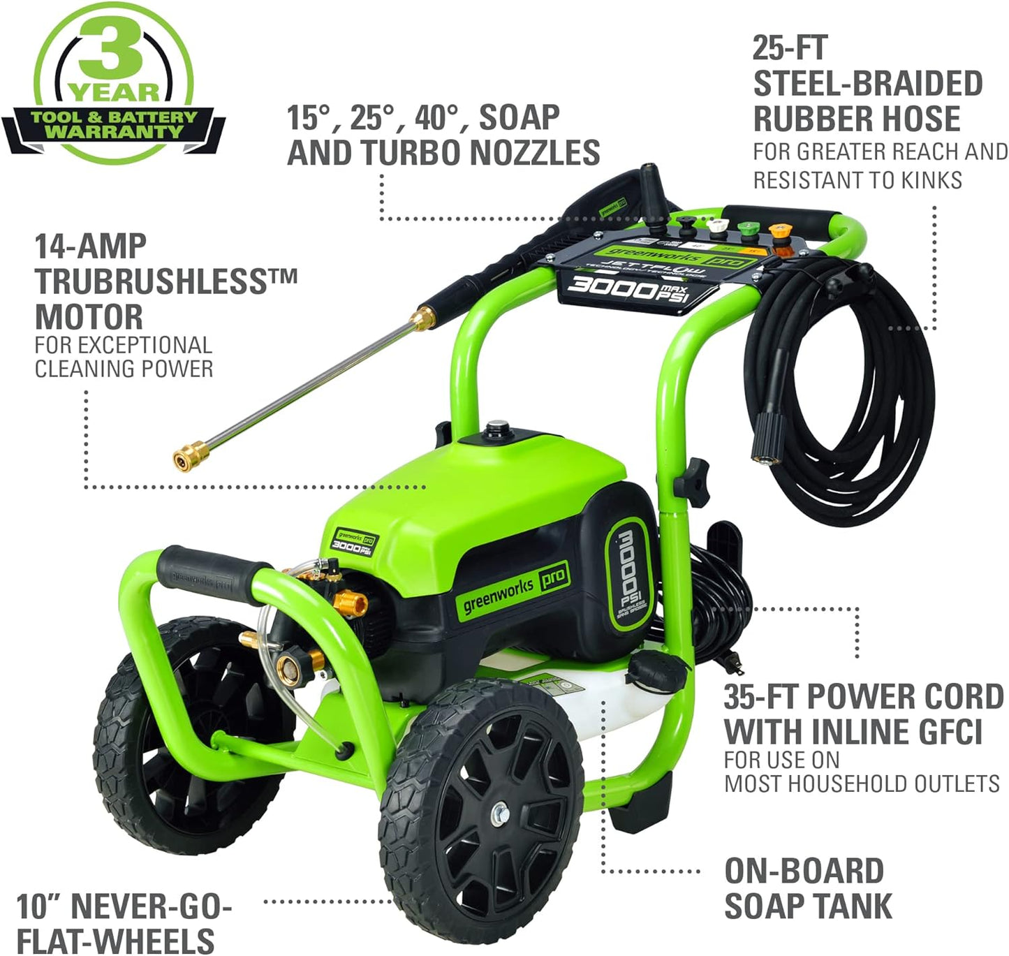 Greenworks 3000 PSI Brushless Electric Pressure Washer, 2.0 GPM, Steel Wand, Soap Tank, 5 Nozzles