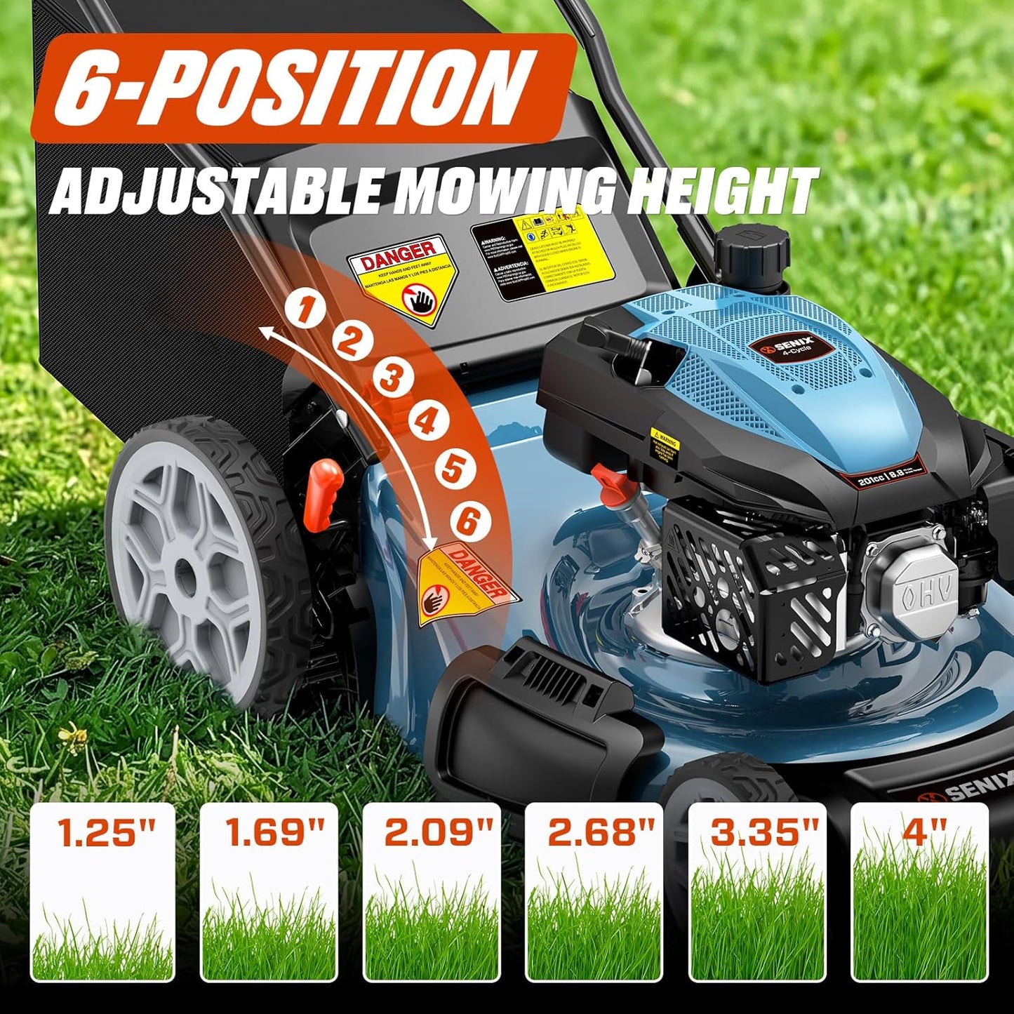 SENIX 22" Self-Propelled Gas Lawn Mower, 201cc 4-Cycle Engine, 3-in-1 Bagging Mulching Side Discharge