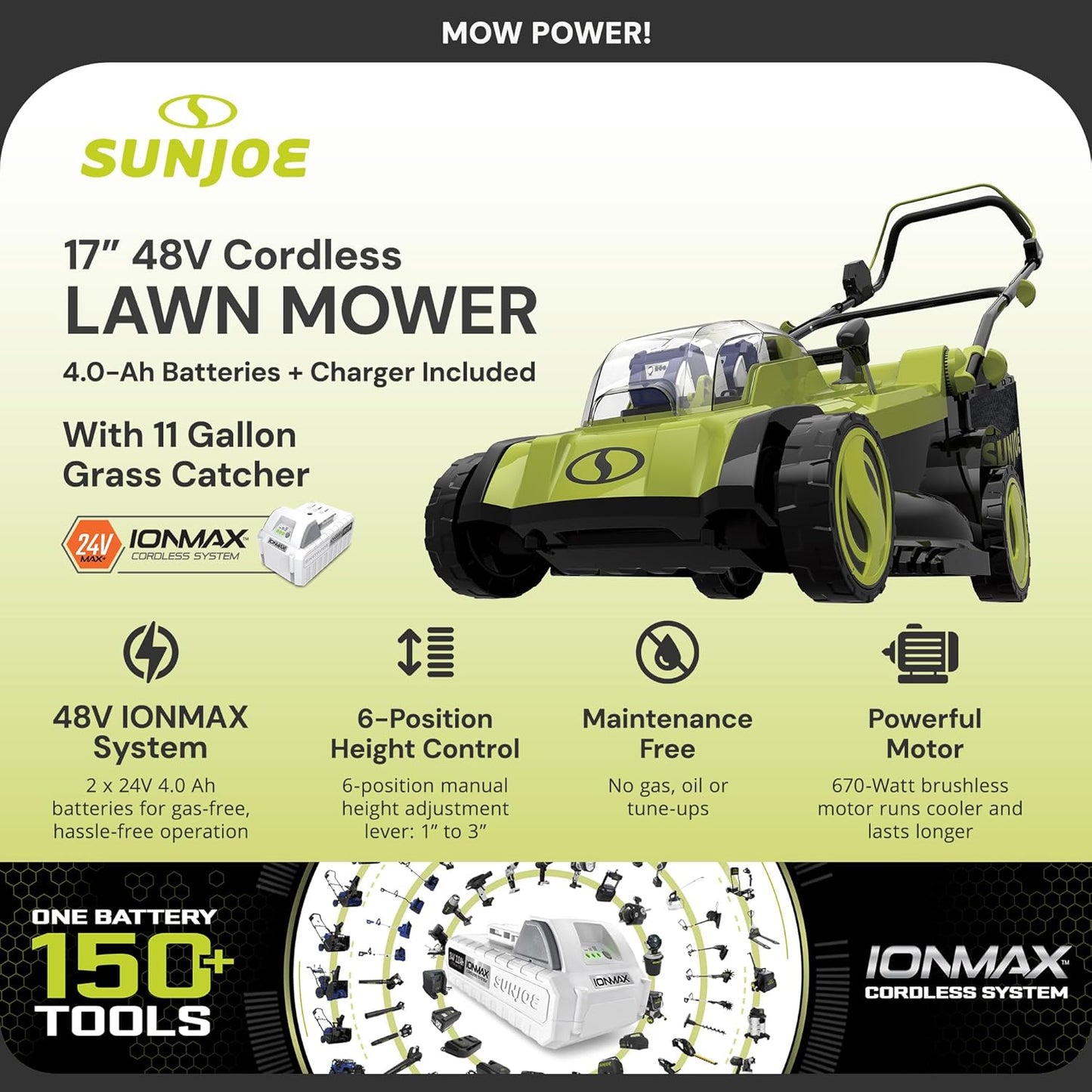 Sun Joe Cordless Electric Push Lawn Mower with 6-Position Height Adjustment, 11-Gal Bag
