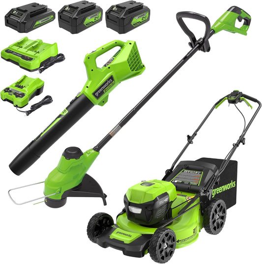 Greenworks 48V Cordless Yard Combo Kit: 21" Self-Propelled Lawn Mower, Trimmer & Blower, 3 Batteries & 2 Chargers