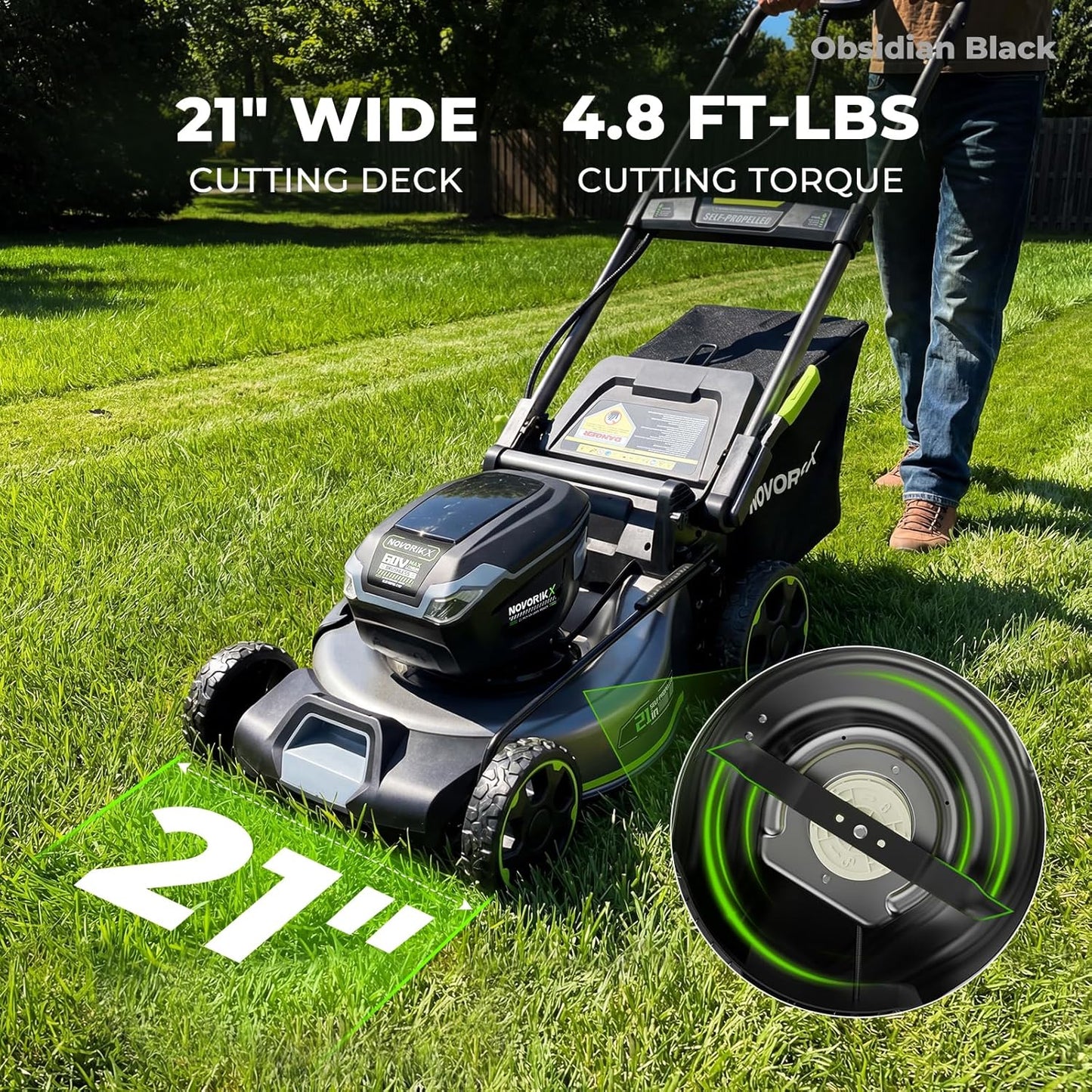 NovorikX 60V Self-Propelled Cordless Lawn Mower 21", Brushless Motor, 5Ah Battery & Rapid Charger