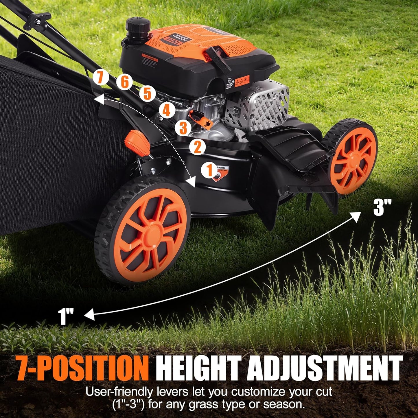 21" Self-Propelled Gas Lawn Mower, 170cc 4-Stroke Engine, 3-in-1 Mulching Bagging Side Discharge