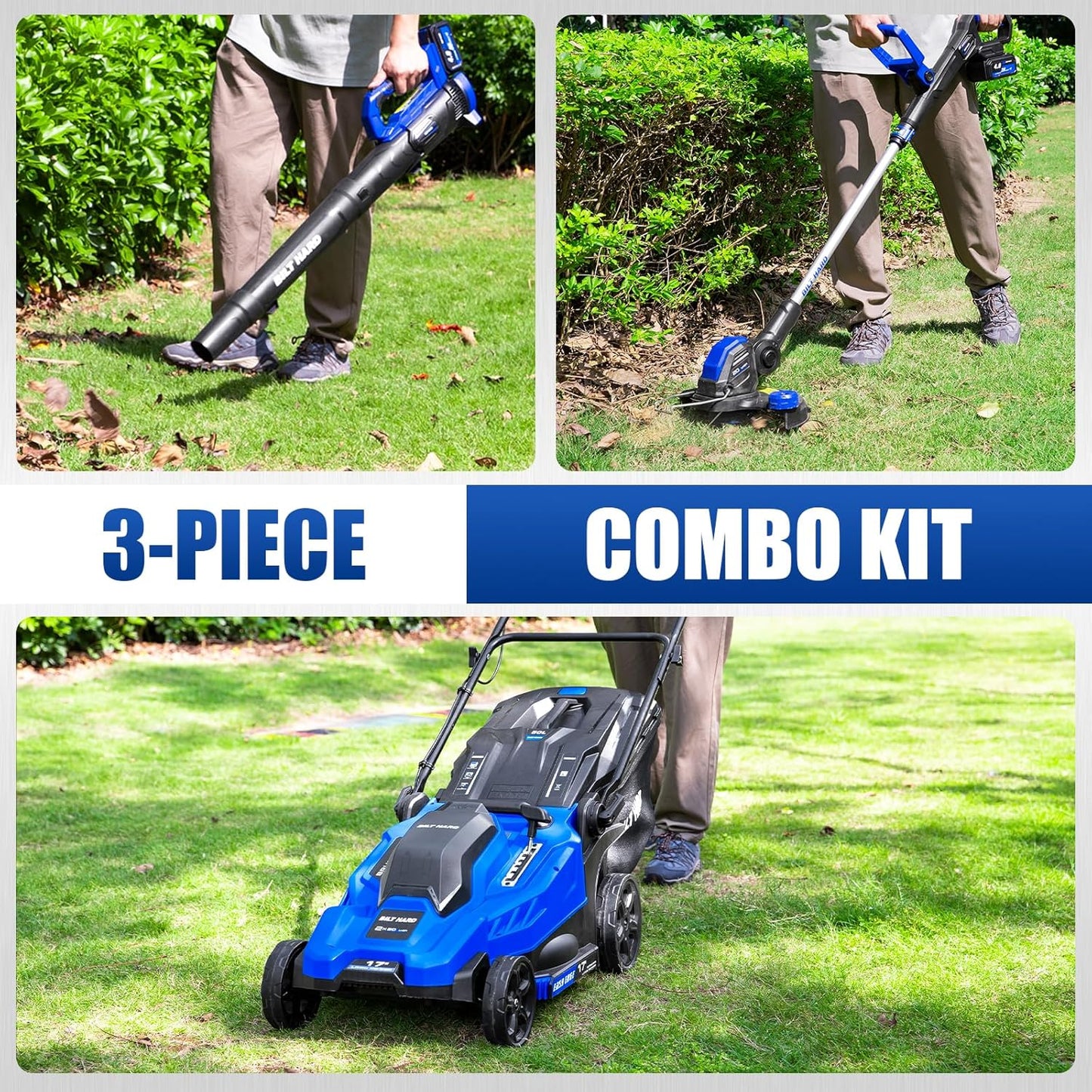 BILT HARD 40V 17" Cordless Lawn Mower Combo Set with String Trimmer, Leaf Blower, 3 Batteries & Dual Charger
