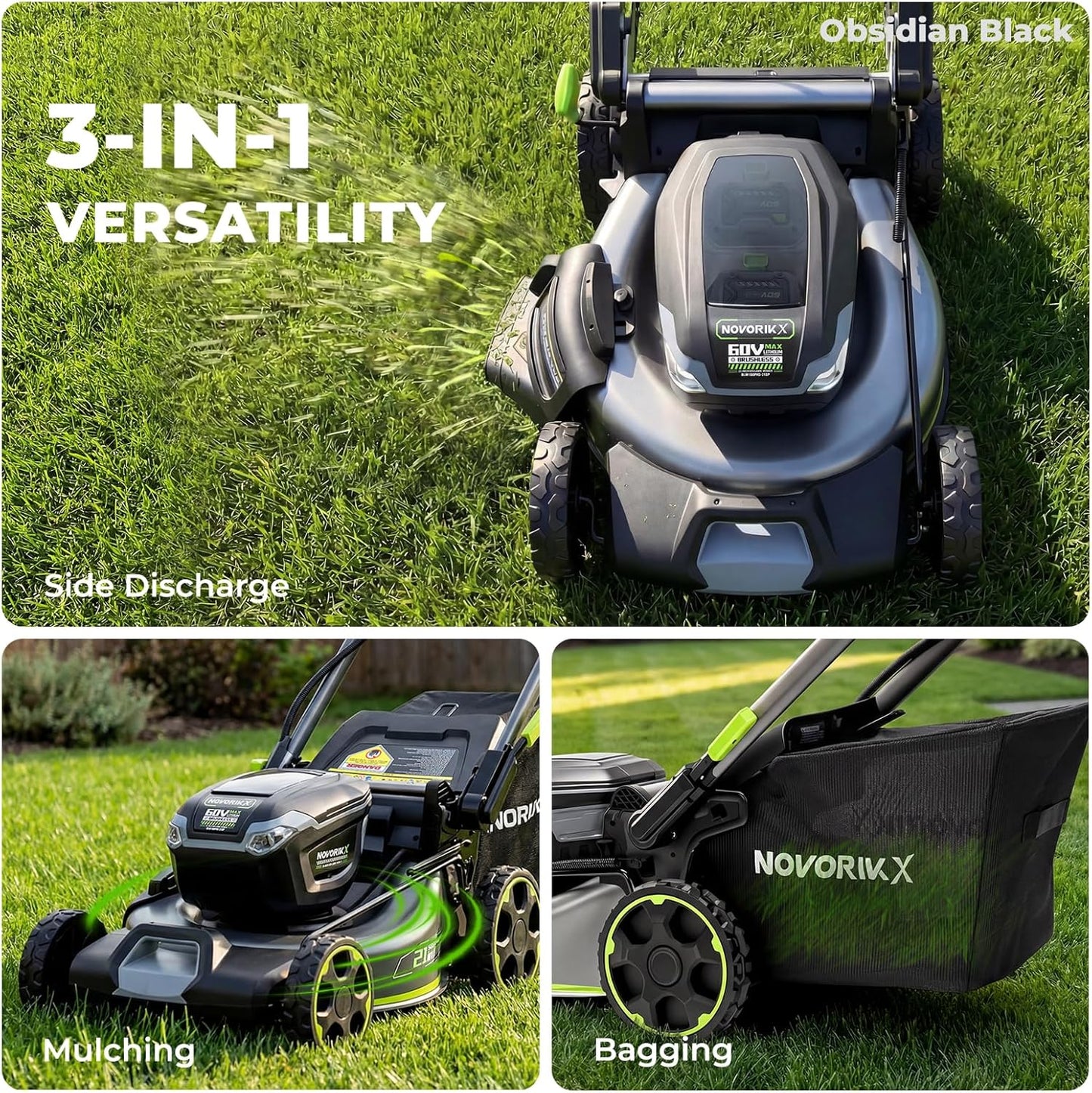 NovorikX 60V Self-Propelled Cordless Lawn Mower 21", Brushless Motor, 5Ah Battery & Rapid Charger