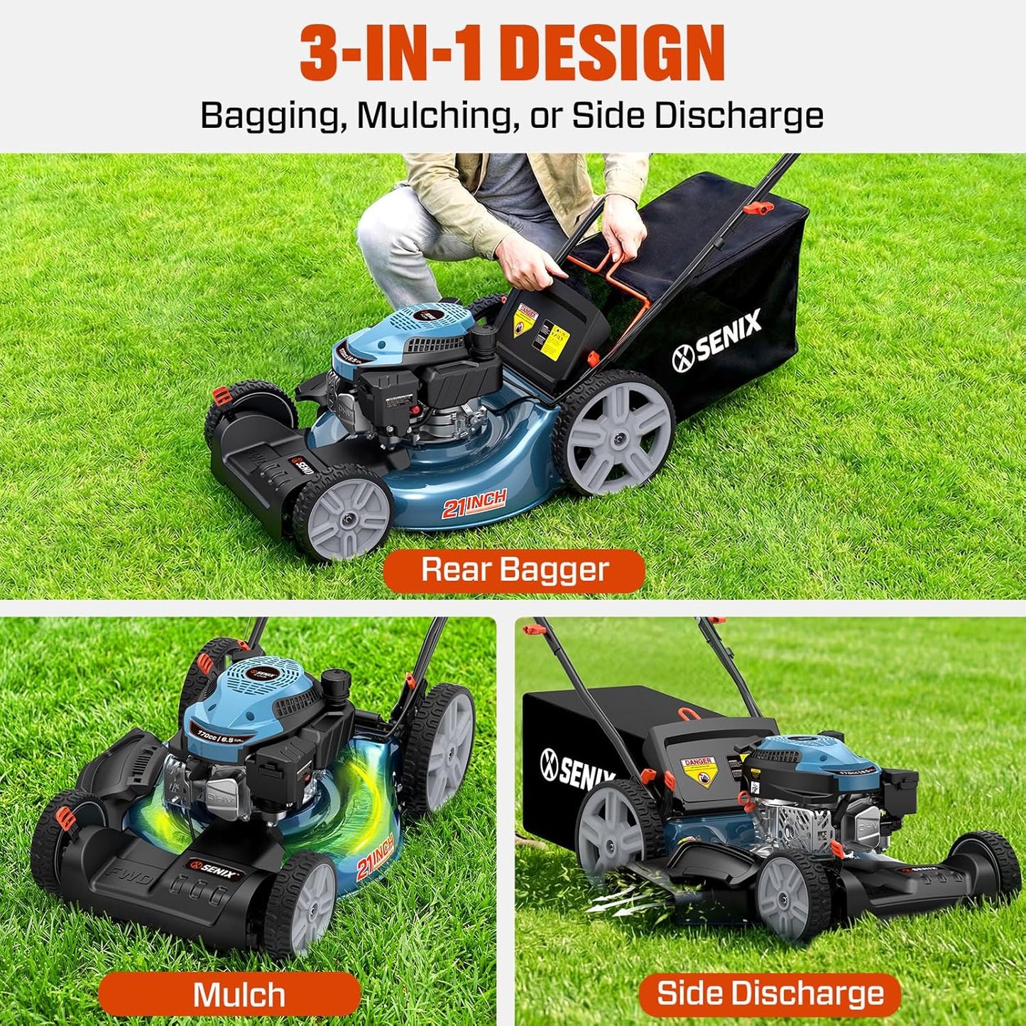SENIX LSSG-M10 21" 170cc Self-Propelled Gas Lawn Mower with String Trimmer & 4-Cycle Hedge Trimmer Kit