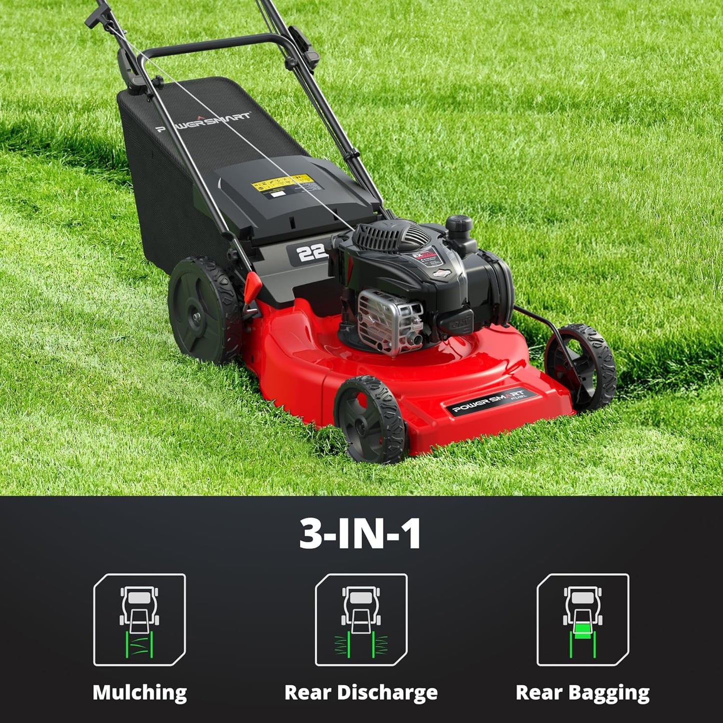 PowerSmart 22-Inch Gas Lawn Mower Self-Propelled, 150cc B&S Engine, 3-in-1 Mulching System, 6 Cutting Heights
