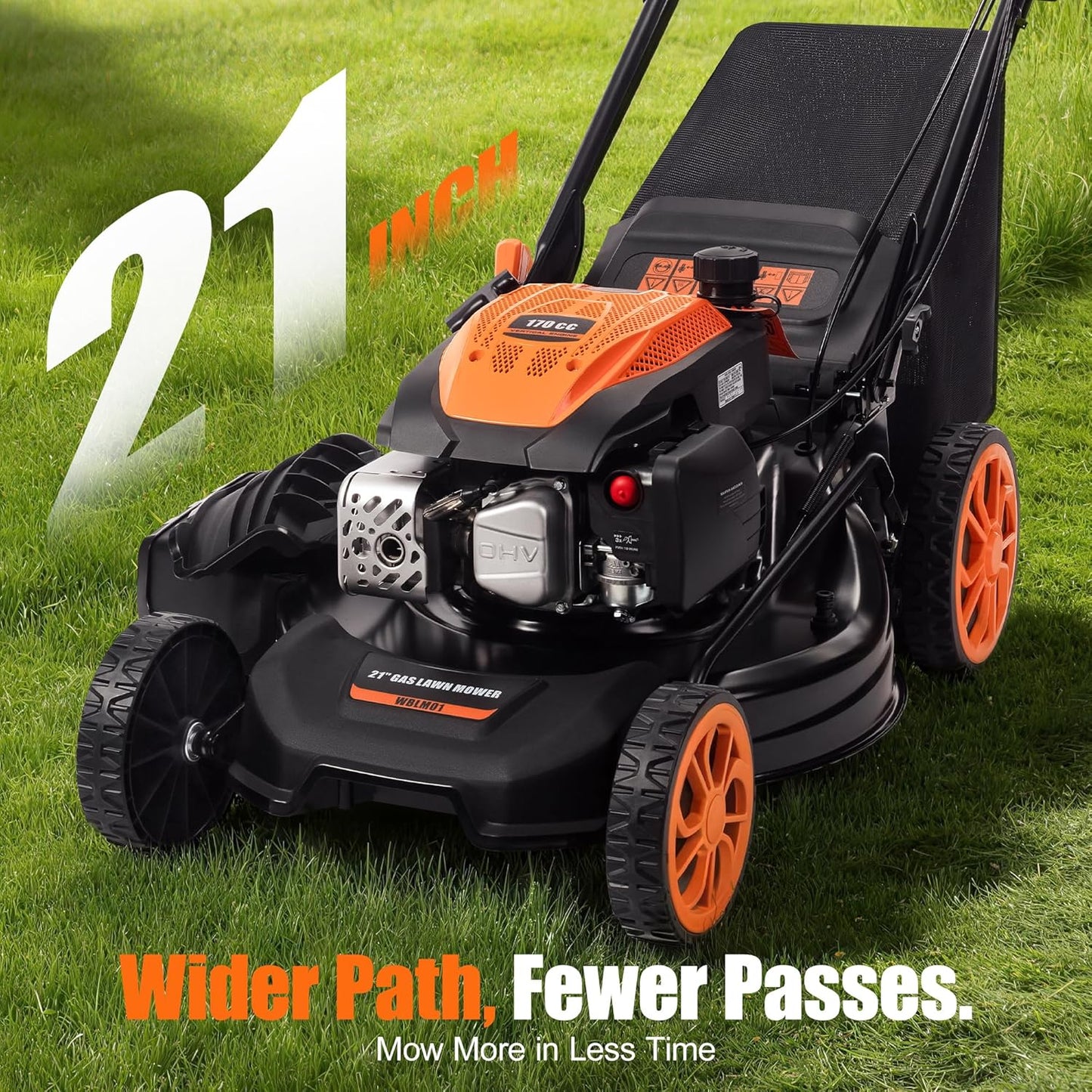 21" Self-Propelled Gas Lawn Mower, 170cc 4-Stroke Engine, 3-in-1 Mulching Bagging Side Discharge