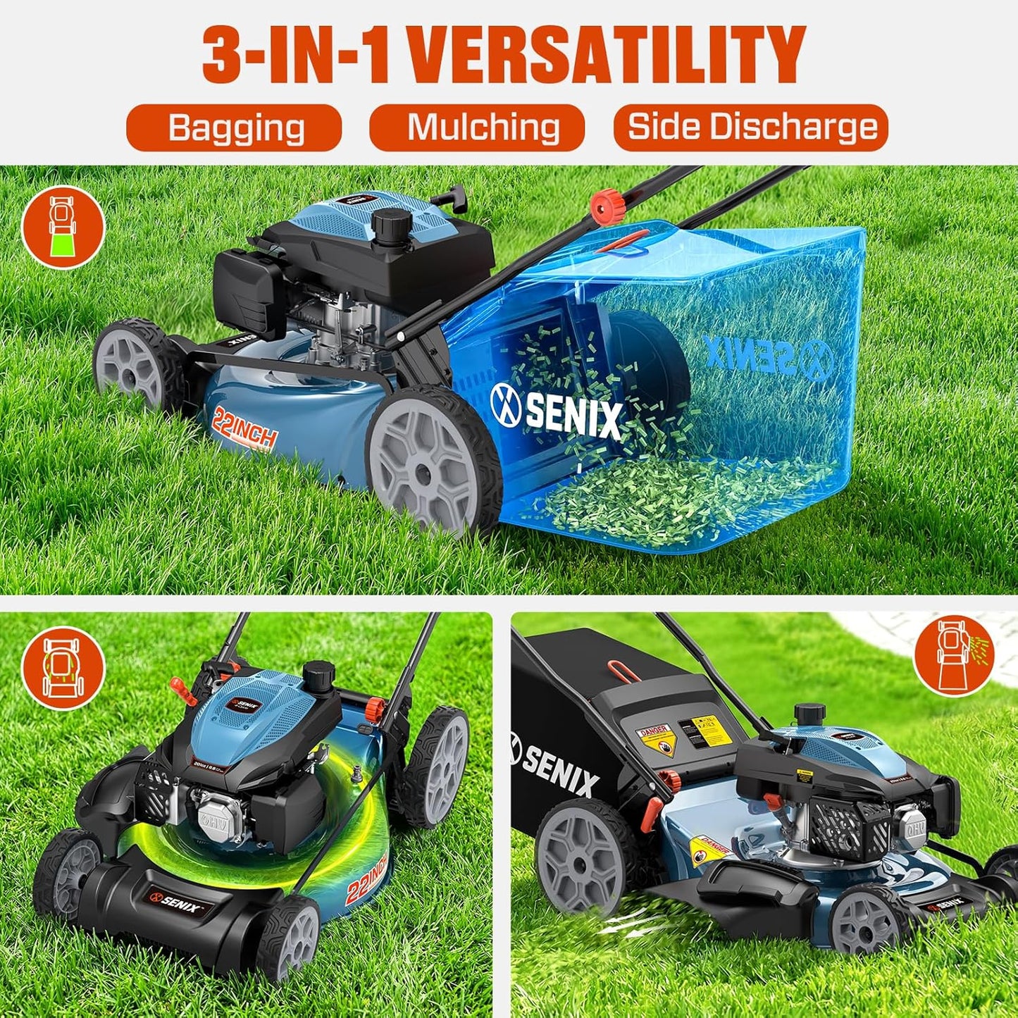 SENIX 22" Self-Propelled Gas Lawn Mower, 201cc 4-Cycle Engine, 3-in-1 Bagging Mulching Side Discharge