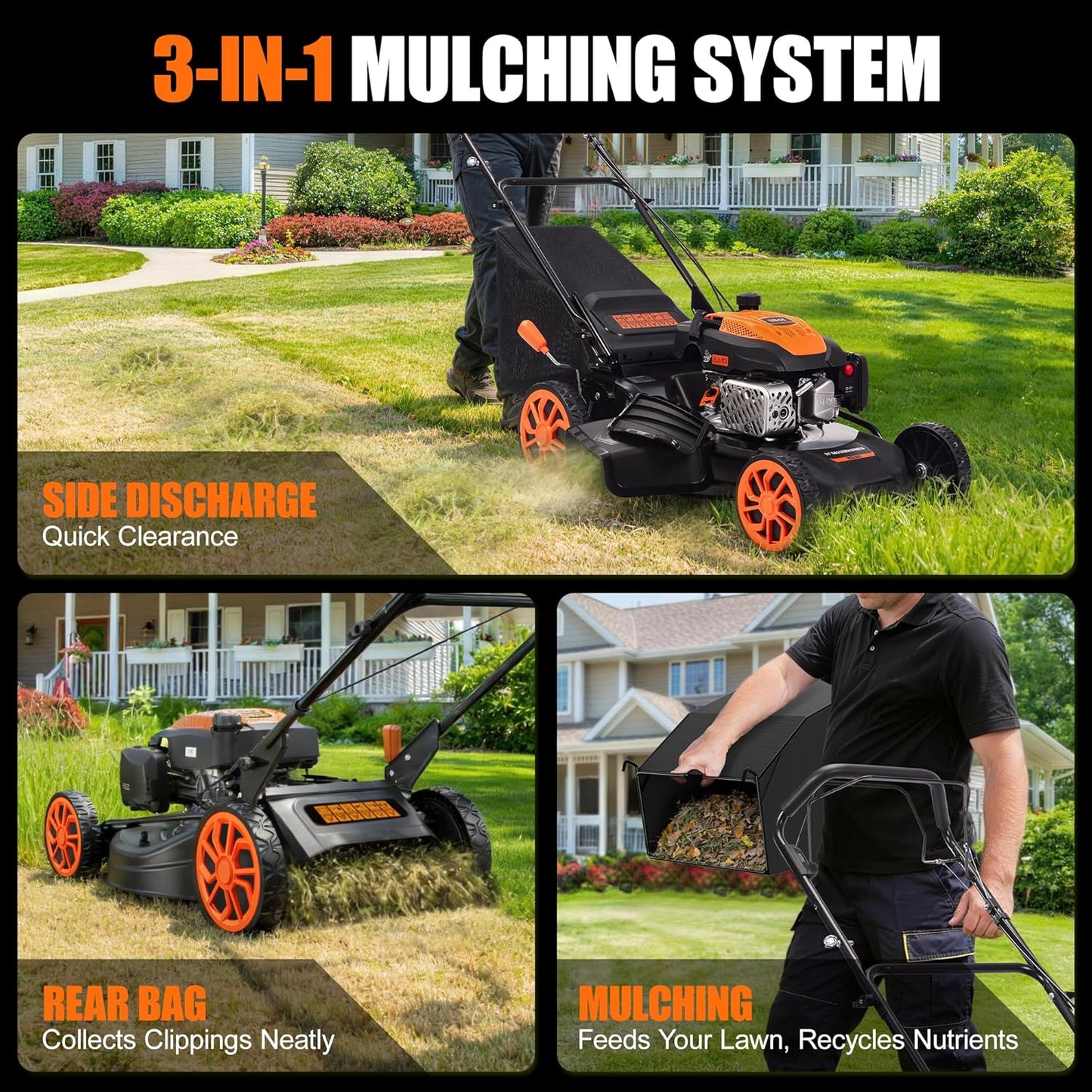 21" Self-Propelled Gas Lawn Mower, 170cc 4-Stroke Engine, 3-in-1 Mulching Bagging Side Discharge