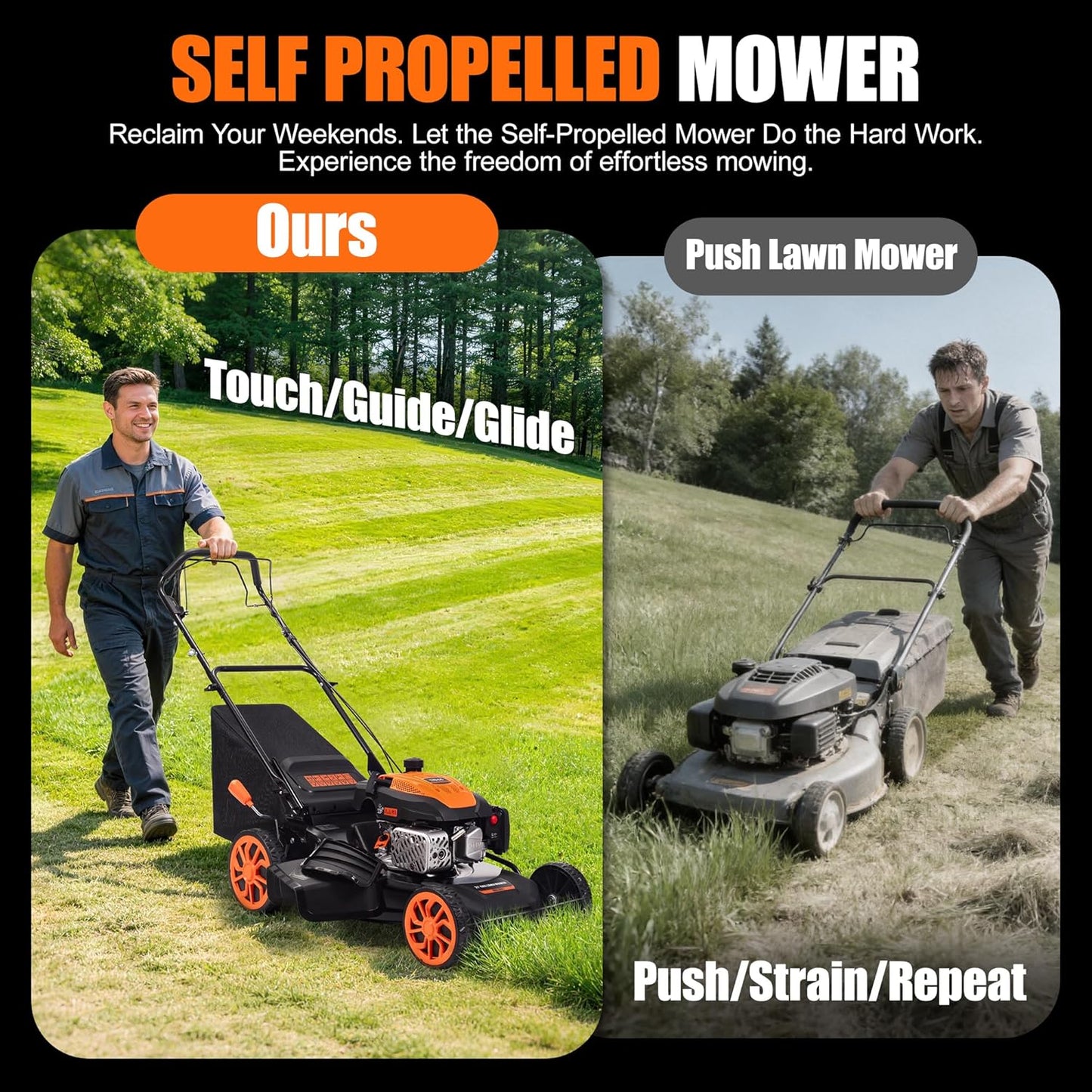 21" Self-Propelled Gas Lawn Mower, 170cc 4-Stroke Engine, 3-in-1 Mulching Bagging Side Discharge